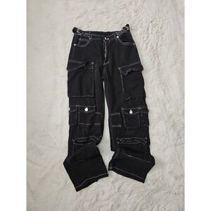 Charlotte Russe High Rise Black Cargo Pants White Stitching Y2K Grunge Small‎